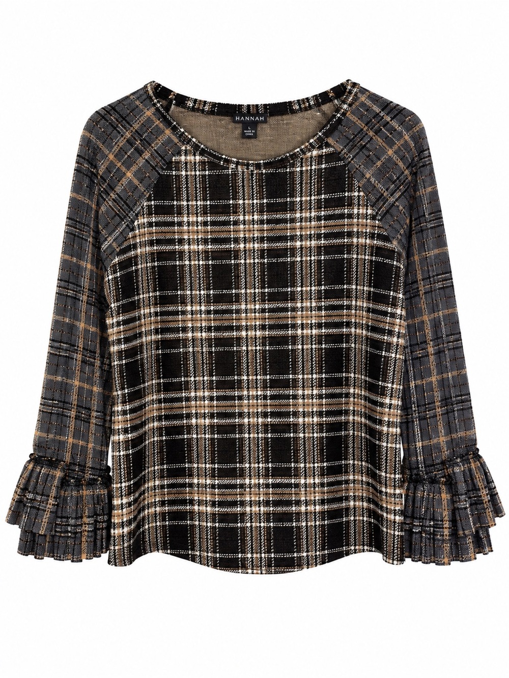 Hannah Women’s Large Plaid Ruffle Bell Sleeve Stretch Knit Top